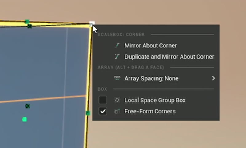 Right-click menu on a corner handle